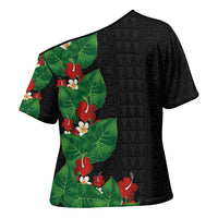 Hawaiian Taro Leaves-Hibiscus and Plumeria Cross Shoulder Shirt Polynesian Art-Kakau Tattoo Black