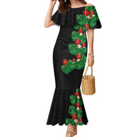Hawaiian Taro Leaves-Hibiscus and Plumeria Family Matching Mermaid Dress and Hawaiian Shirt Polynesian Art-Kakau Tattoo Black