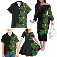 Hawaiian Taro Leaves-Hibiscus and Plumeria Family Matching Off The Shoulder Long Sleeve Dress and Hawaiian Shirt Polynesian Art-Kakau Tattoo Black
