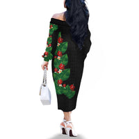 Hawaiian Taro Leaves-Hibiscus and Plumeria Family Matching Off The Shoulder Long Sleeve Dress and Hawaiian Shirt Polynesian Art-Kakau Tattoo Black