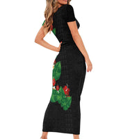 Hawaiian Taro Leaves-Hibiscus and Plumeria Family Matching Short Sleeve Bodycon Dress and Hawaiian Shirt Polynesian Art-Kakau Tattoo Black