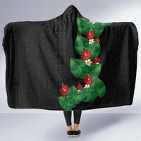 Hawaiian Taro Leaves-Hibiscus and Plumeria Hooded Blanket Polynesian Art-Kakau Tattoo Black