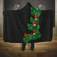 Hawaiian Taro Leaves-Hibiscus and Plumeria Hooded Blanket Polynesian Art-Kakau Tattoo Black