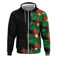 Hawaiian Taro Leaves-Hibiscus and Plumeria Hoodie Polynesian Art-Kakau Tattoo Black