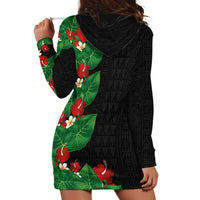 Hawaiian Taro Leaves-Hibiscus and Plumeria Hoodie Dress Polynesian Art-Kakau Tattoo Black