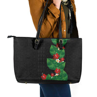 Hawaiian Taro Leaves-Hibiscus and Plumeria Leather Tote Bag Polynesian Art-Kakau Tattoo Black