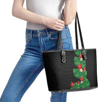 Hawaiian Taro Leaves-Hibiscus and Plumeria Leather Tote Bag Polynesian Art-Kakau Tattoo Black