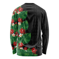 Hawaiian Taro Leaves-Hibiscus and Plumeria Long Sleeve Shirt Polynesian Art-Kakau Tattoo Black