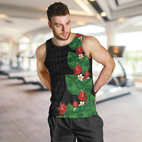 Hawaiian Taro Leaves-Hibiscus and Plumeria Men Tank Top Polynesian Art-Kakau Tattoo Black