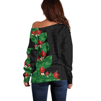 Hawaiian Taro Leaves-Hibiscus and Plumeria Off Shoulder Sweater Polynesian Art-Kakau Tattoo Black