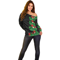 Hawaiian Taro Leaves-Hibiscus and Plumeria Off Shoulder Sweater Polynesian Art-Kakau Tattoo Black