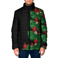 Hawaiian Taro Leaves-Hibiscus and Plumeria Padded Jacket Polynesian Art-Kakau Tattoo Black