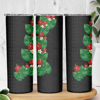 Hawaiian Taro Leaves-Hibiscus and Plumeria Skinny Tumbler Polynesian Art-Kakau Tattoo Black