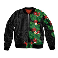 Hawaiian Taro Leaves-Hibiscus and Plumeria Sleeve Zip Bomber Jacket Polynesian Art-Kakau Tattoo Black