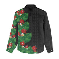 Hawaiian Taro Leaves-Hibiscus and Plumeria Women Casual Shirt Polynesian Art-Kakau Tattoo Black