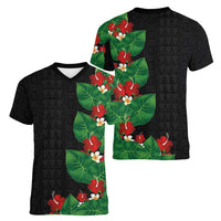 Hawaiian Taro Leaves-Hibiscus and Plumeria Women V-Neck T-Shirt Polynesian Art-Kakau Tattoo Black