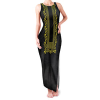 Philippines Polynesian Floral Pattern Family Matching Tank Maxi Dress and Hawaiian Shirt With Barong Tagalog Black Style
