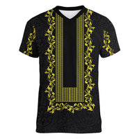Philippines Polynesian Floral Pattern Women V-Neck T-Shirt With Barong Tagalog Black Style LT03 Female Black - Polynesian Pride