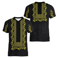 Philippines Polynesian Floral Pattern Women V-Neck T-Shirt With Barong Tagalog Black Style LT03 - Polynesian Pride