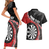 Personalised New Zealand Darts Couples Matching Short Sleeve Bodycon Dress and Hawaiian Shirt Koru Tribal Tattoo and Silver Fern Maori Pattern Red Color