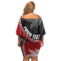 Personalised New Zealand Darts Family Matching Off Shoulder Short Dress and Hawaiian Shirt Koru Tribal Tattoo and Silver Fern Maori Pattern Red Color