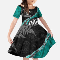 Personalised New Zealand Darts Family Matching Off Shoulder Maxi Dress and Hawaiian Shirt Koru Tribal Tattoo and Silver Fern Maori Pattern Teal Color