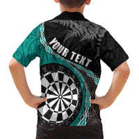 Personalised New Zealand Darts Family Matching Short Sleeve Bodycon Dress and Hawaiian Shirt Koru Tribal Tattoo and Silver Fern Maori Pattern Teal Color