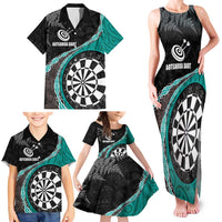 Personalised New Zealand Darts Family Matching Tank Maxi Dress and Hawaiian Shirt Koru Tribal Tattoo and Silver Fern Maori Pattern Teal Color