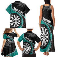Personalised New Zealand Darts Family Matching Tank Maxi Dress and Hawaiian Shirt Koru Tribal Tattoo and Silver Fern Maori Pattern Teal Color