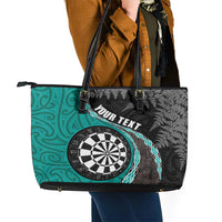 Personalised New Zealand Darts Leather Tote Bag Koru Tribal Tattoo and Silver Fern Maori Pattern Teal Color