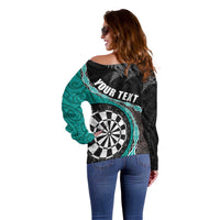 Personalised New Zealand Darts Off Shoulder Sweater Koru Tribal Tattoo and Silver Fern Maori Pattern Teal Color
