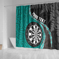 Personalised New Zealand Darts Shower Curtain Koru Tribal Tattoo and Silver Fern Maori Pattern Teal Color