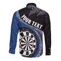 Personalised New Zealand Darts Long Sleeve Button Shirt Koru Tribal Tattoo and Silver Fern Maori Pattern Blue Color
