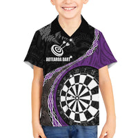 Personalised New Zealand Darts Family Matching Off Shoulder Maxi Dress and Hawaiian Shirt Koru Tribal Tattoo and Silver Fern Maori Pattern Purple Color