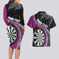 Personalised New Zealand Darts Couples Matching Long Sleeve Bodycon Dress and Hawaiian Shirt Koru Tribal Tattoo and Silver Fern Maori Pattern Pink Color