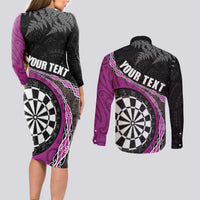 Personalised New Zealand Darts Couples Matching Long Sleeve Bodycon Dress and Long Sleeve Button Shirt Koru Tribal Tattoo and Silver Fern Maori Pattern Pink Color