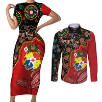 Tonga Ngatu and Australia Together Couples Matching Short Sleeve Bodycon Dress and Long Sleeve Button Shirt Polynesian Humpback Whale and Aboriginal Kangaroo