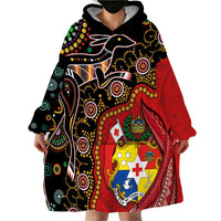 Tonga Ngatu and Australia Together Wearable Blanket Hoodie Polynesian Humpback Whale and Aboriginal Kangaroo