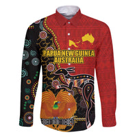 Personalised Papua New Guinea and Australia Together Family Matching Off Shoulder Short Dress and Hawaiian Shirt Bird-of-paradise and Kangaroo with Aboriginal Pattern