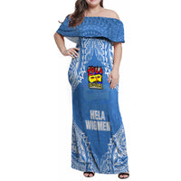 Custom Hela Wigmen Rugby Family Matching Off Shoulder Maxi Dress and Hawaiian Shirt Papua New Guinea Polynesian Tattoo LT03 Mom's Dress Blue - Polynesian Pride