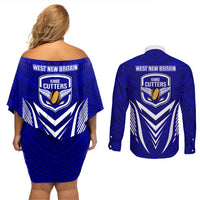 Kimbe Cutters Rugby Couples Matching Off Shoulder Short Dress and Long Sleeve Button Shirts Papua New Guinea Polynesian Tattoo Blue Version LT03 - Polynesian Pride