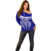 Kimbe Cutters Rugby Off Shoulder Sweater Papua New Guinea Polynesian Tattoo Blue Version LT03 - Polynesian Pride