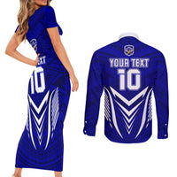 Custom Kimbe Cutters Rugby Couples Matching Short Sleeve Bodycon Dress and Long Sleeve Button Shirts Papua New Guinea Polynesian Tattoo Blue Version LT03 - Polynesian Pride