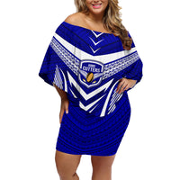 Custom Kimbe Cutters Rugby Family Matching Off Shoulder Short Dress and Hawaiian Shirt Papua New Guinea Polynesian Tattoo Blue Version LT03 Mom's Dress Blue - Polynesian Pride