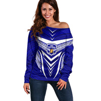 Custom Kimbe Cutters Rugby Off Shoulder Sweater Papua New Guinea Polynesian Tattoo Blue Version LT03 Women Blue - Polynesian Pride
