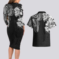 Japanese Irezumi and Hawaiian Polynesian Art Tattoo Couples Matching Long Sleeve Bodycon Dress and Hawaiian Shirt Black Color - Polynesian Pride