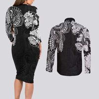Japanese Irezumi and Hawaiian Polynesian Art Tattoo Couples Matching Long Sleeve Bodycon Dress and Long Sleeve Button Shirt Black Color - Polynesian Pride