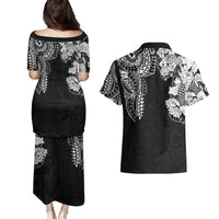 Japanese Irezumi and Hawaiian Polynesian Art Tattoo Couples Matching Puletasi and Hawaiian Shirt Black Color - Polynesian Pride