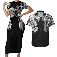 Japanese Irezumi and Hawaiian Polynesian Art Tattoo Couples Matching Short Sleeve Bodycon Dress and Hawaiian Shirt Black Color - Polynesian Pride
