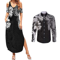 Japanese Irezumi and Hawaiian Polynesian Art Tattoo Couples Matching Summer Maxi Dress and Long Sleeve Button Shirt Black Color - Polynesian Pride